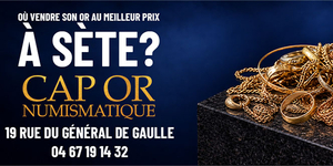 Cap Or Numismatique Sète : visuel présentant des bagues, chaînes et bijoux en or pour une estimation gratuite au 19 rue du Général de Gaulle.
